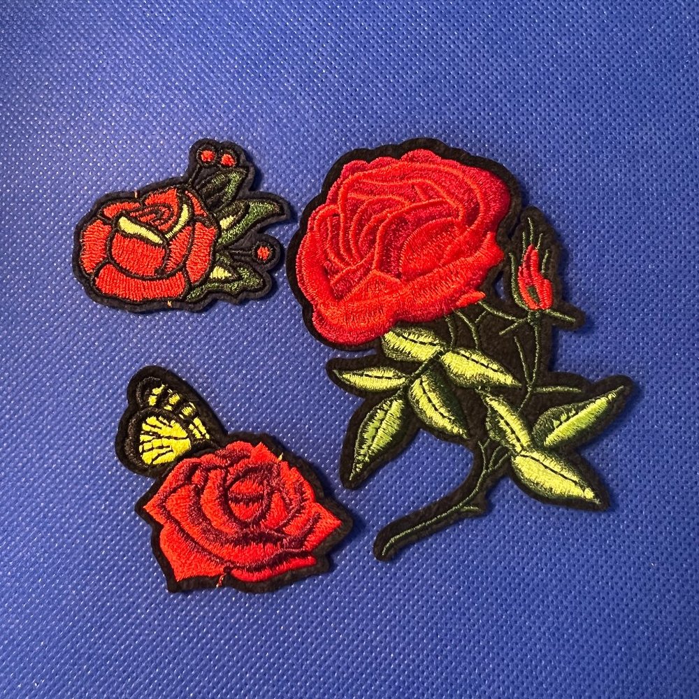 Set of 3 Red Roses & Yellow Butterfly Embroidered Patches Sew or Iron On